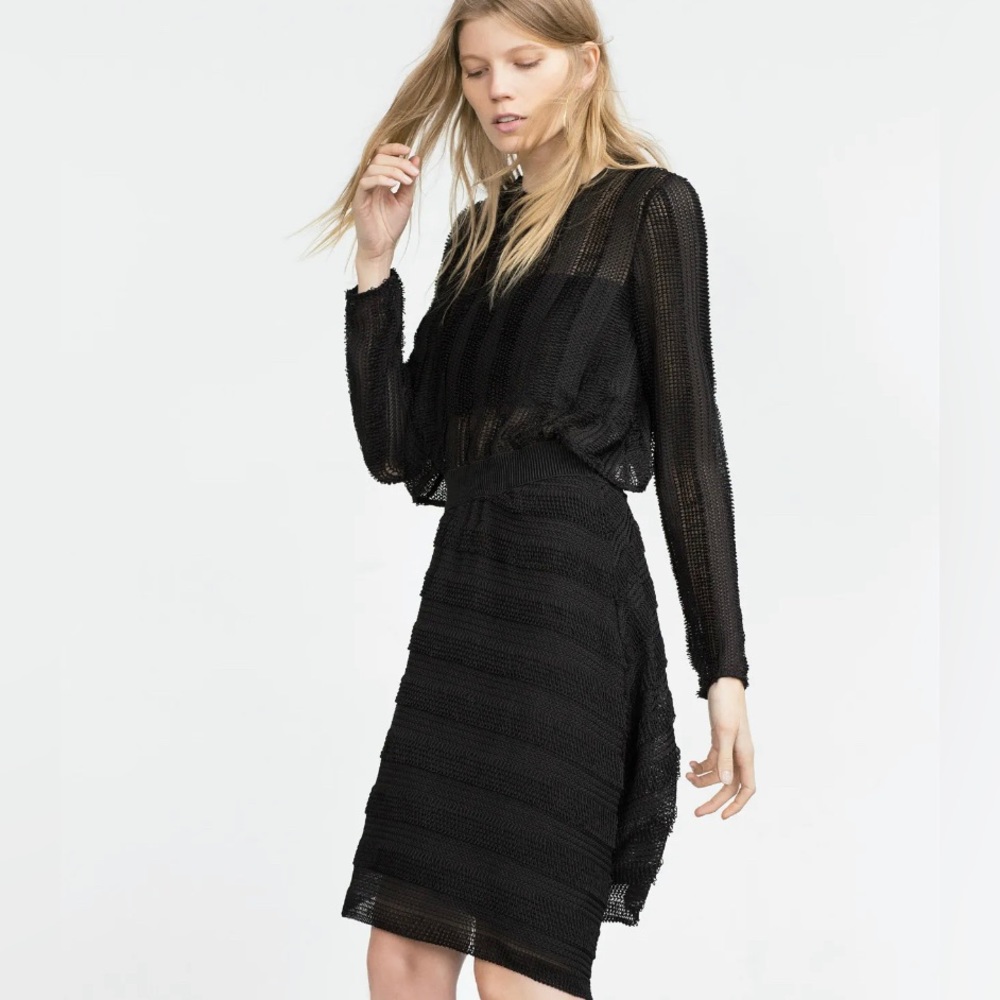 ZARA Rare Mesh Asymmetrical Cut Out Black Open Back Dress Size M